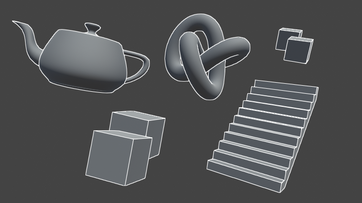 Primitive 3D objects rendered with white outlines in Unity engine.