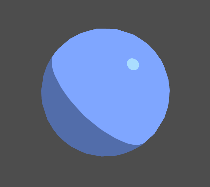 Blue sphere lit with toon style directional, ambient and specular lighting in Unity engine.